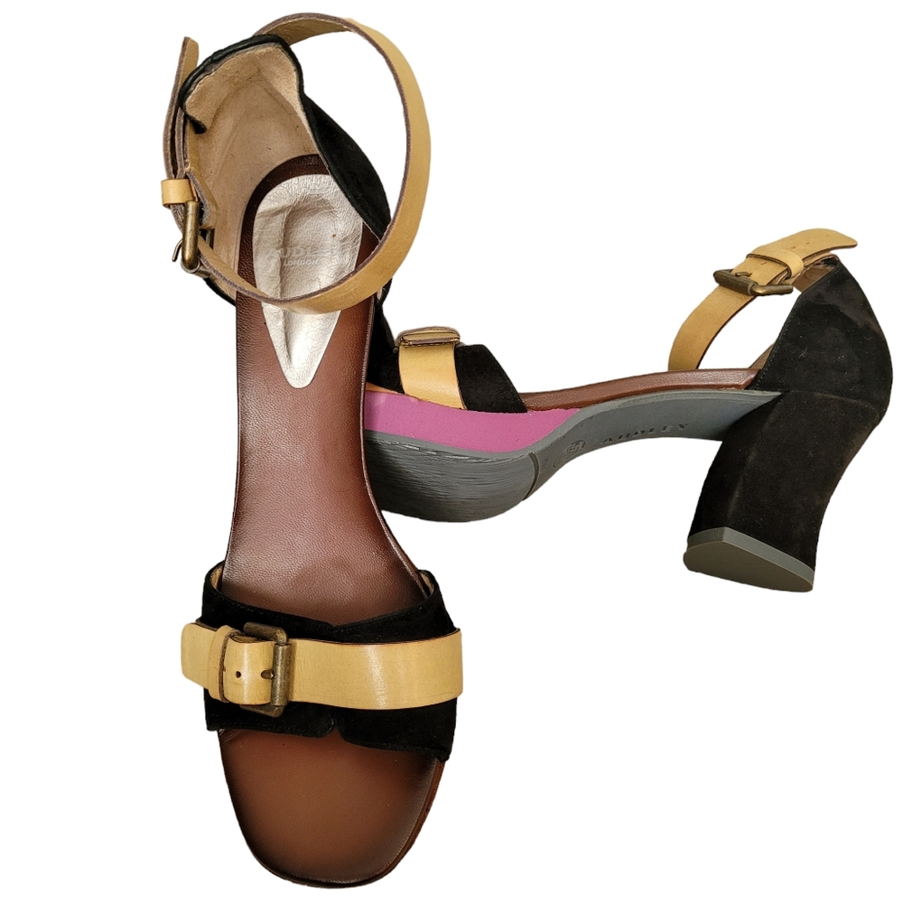 Audley Sandals Sz 39. 3" Heel Black Suede, Mauve Stripe, Tan Ankle Strap